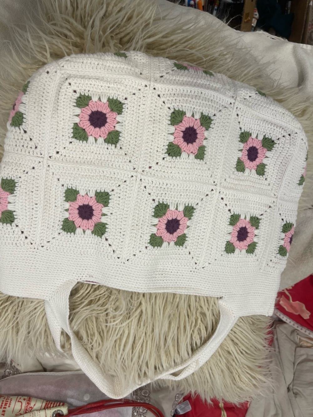 Cream Crochet Shoulder Bag with Pink Floral Squares so adorable! 😍 - Picture 6 of 16